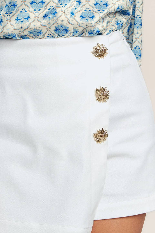 White Denim Skort Sunburst Button Detail