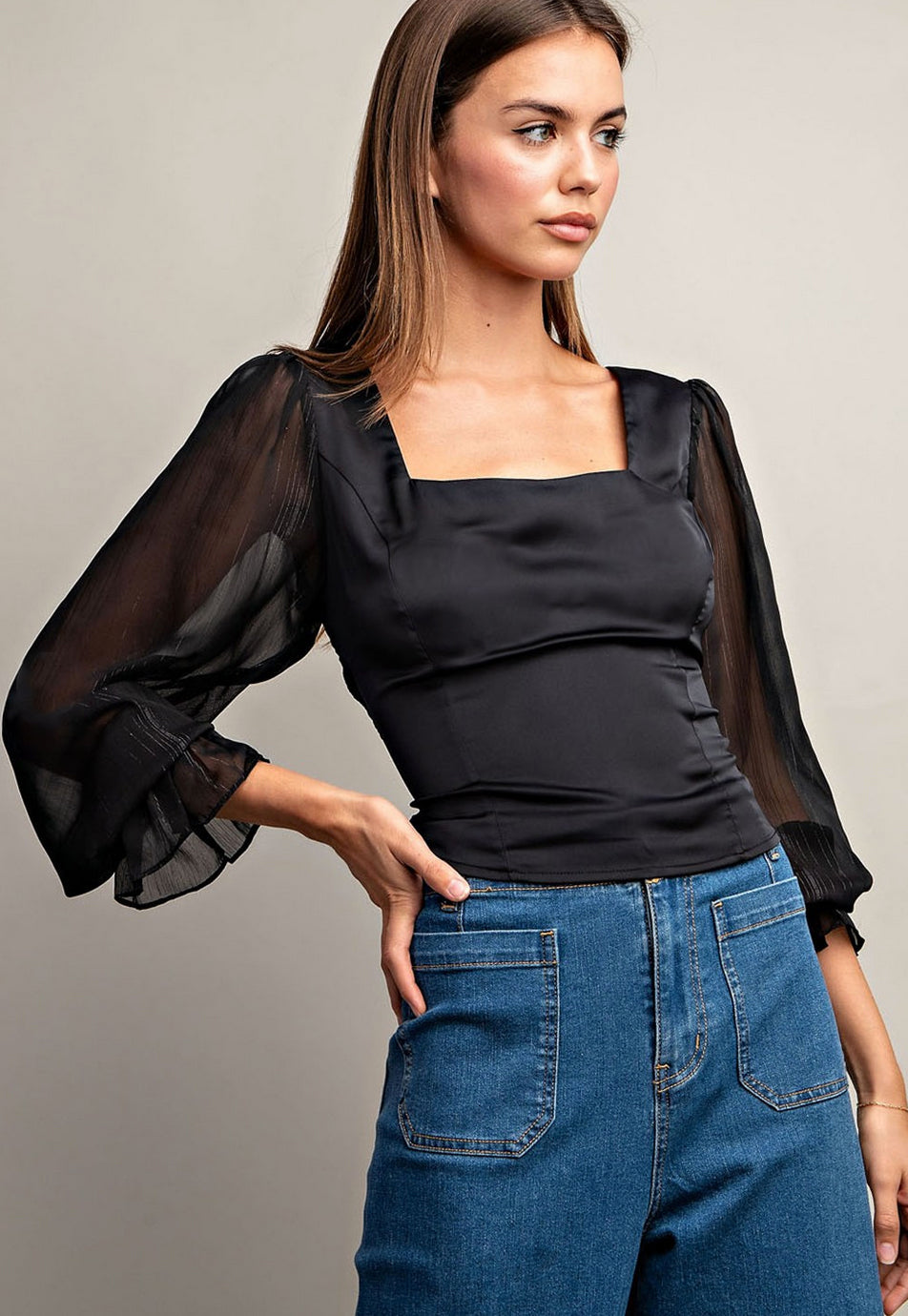 Black Sheer Sleeve Smocked Top