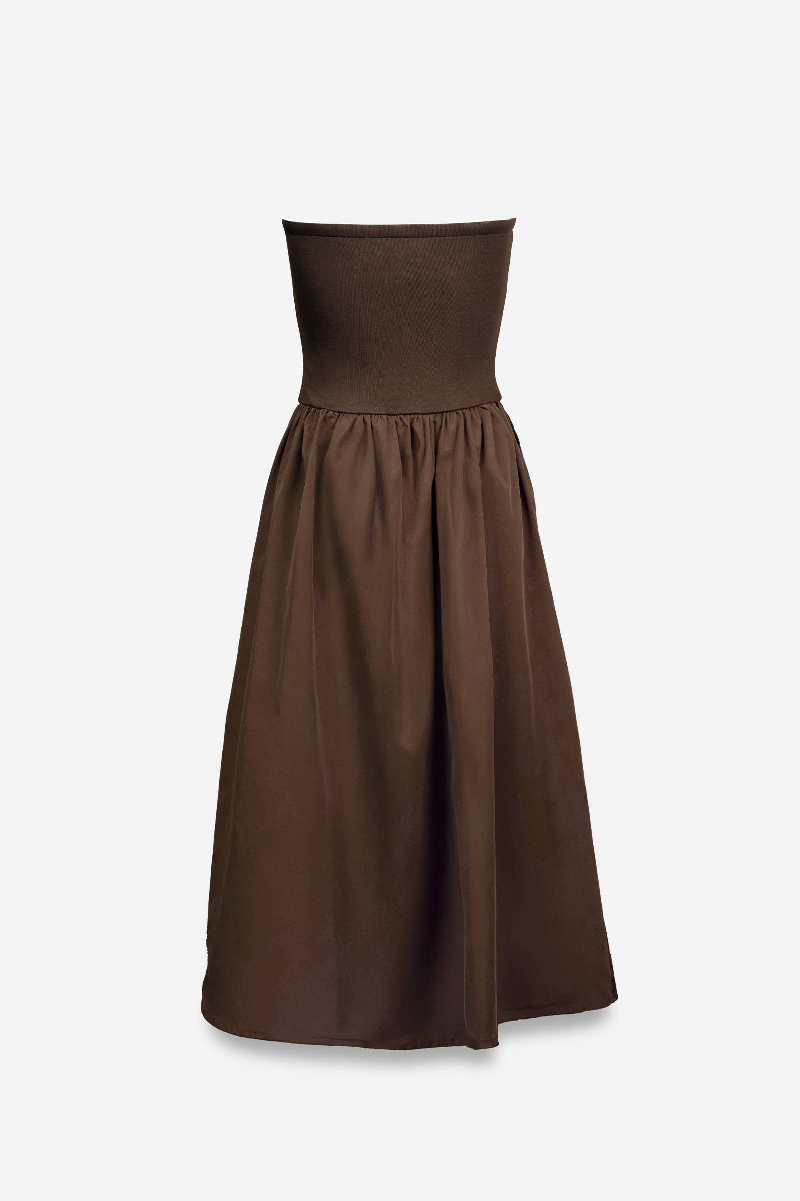 Brown strapless dress on a white background