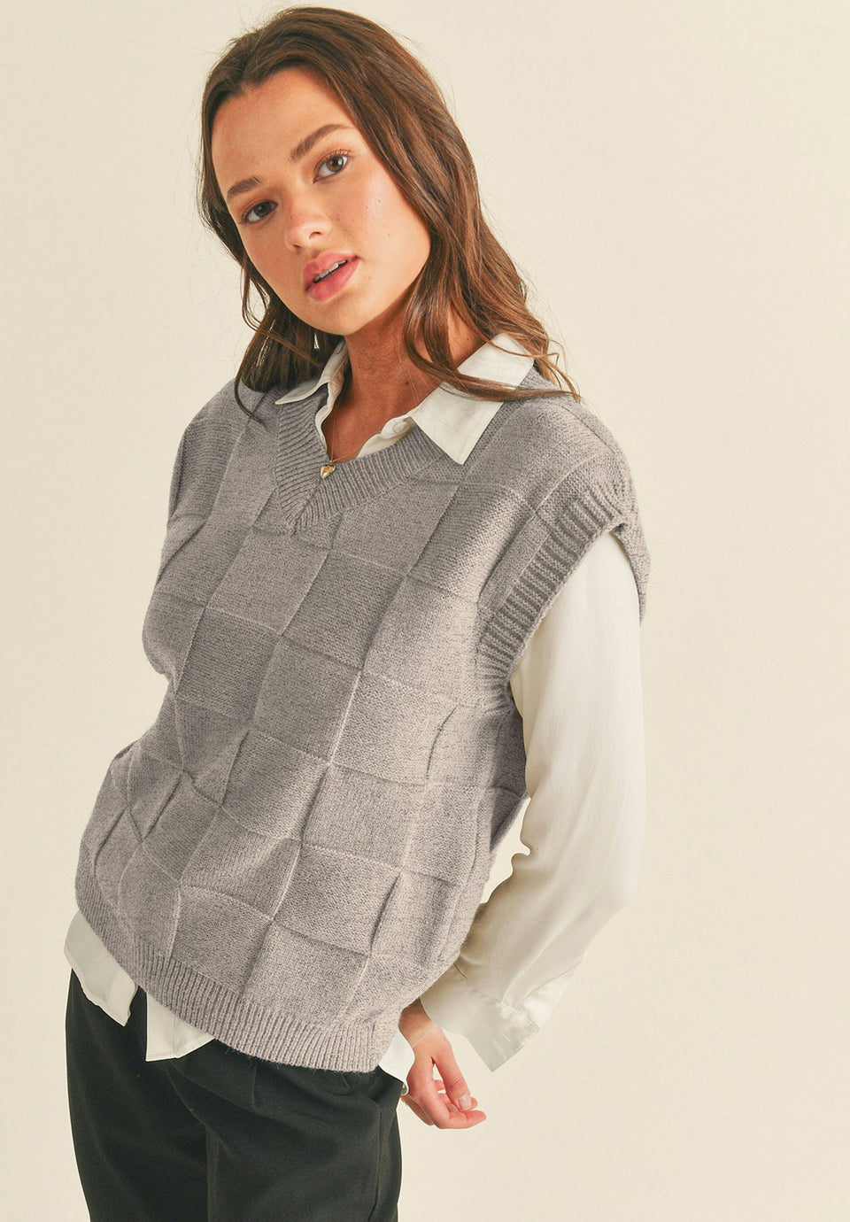 Gray Checkered Texture Knit Vest - Jade Creek Boutique