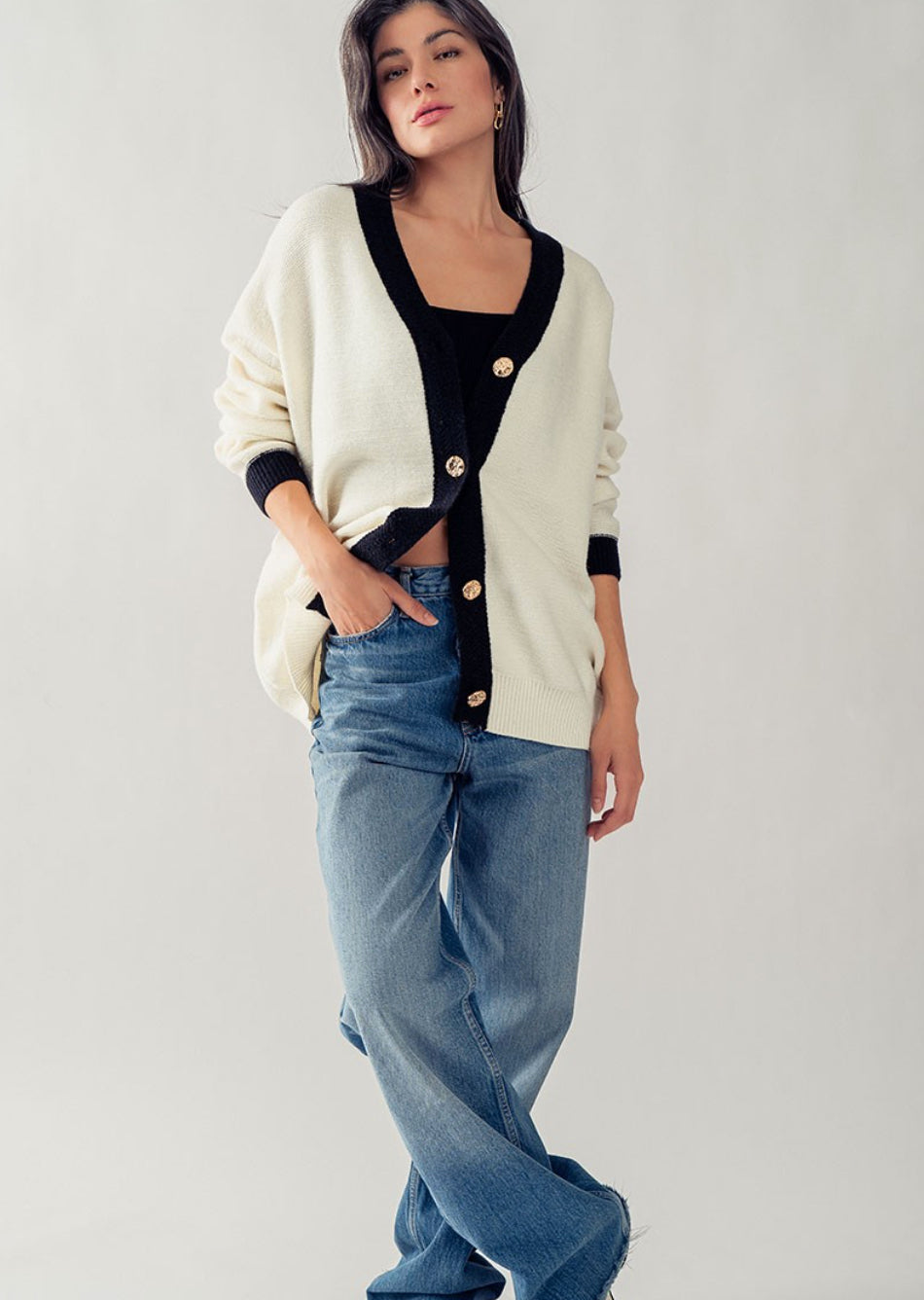 Luxe White Black Contrast Hem Cardigan