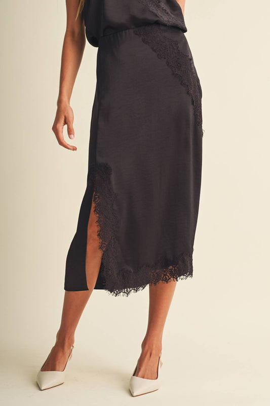 Lace-Inset High-Slit Column Skirt
