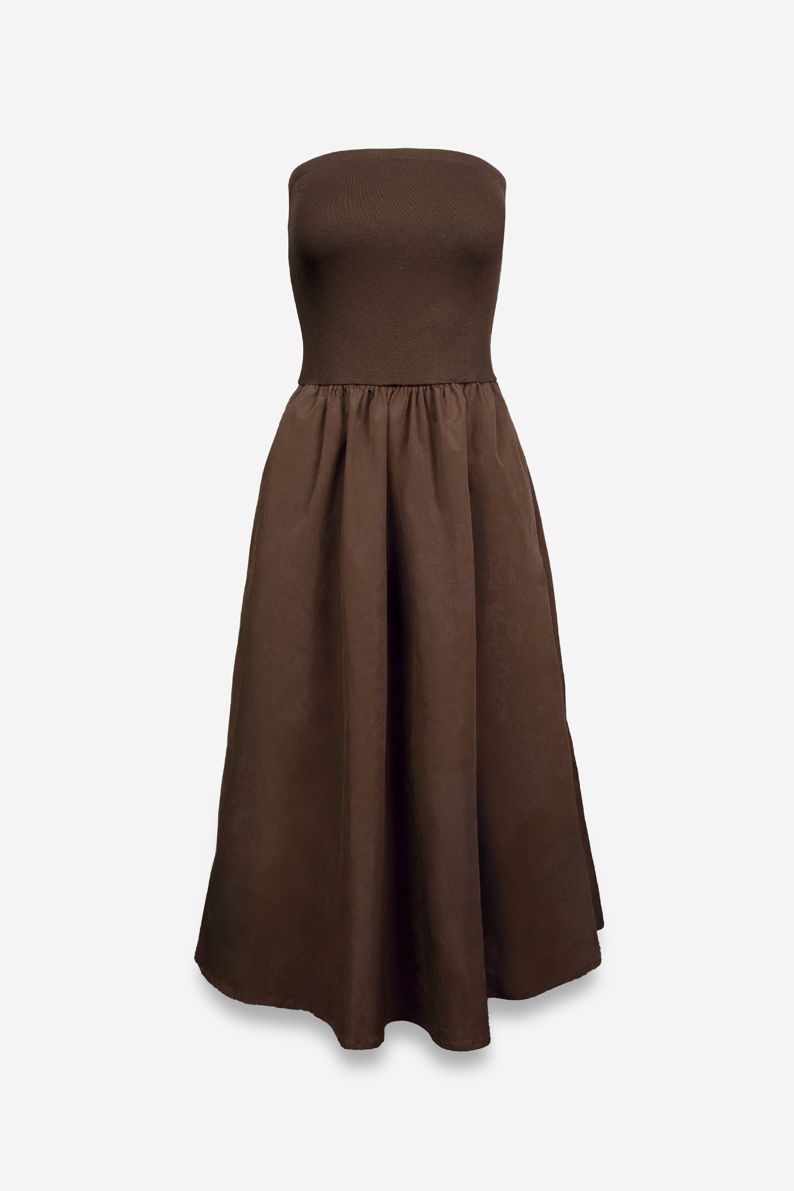 Brown strapless dress on a white background