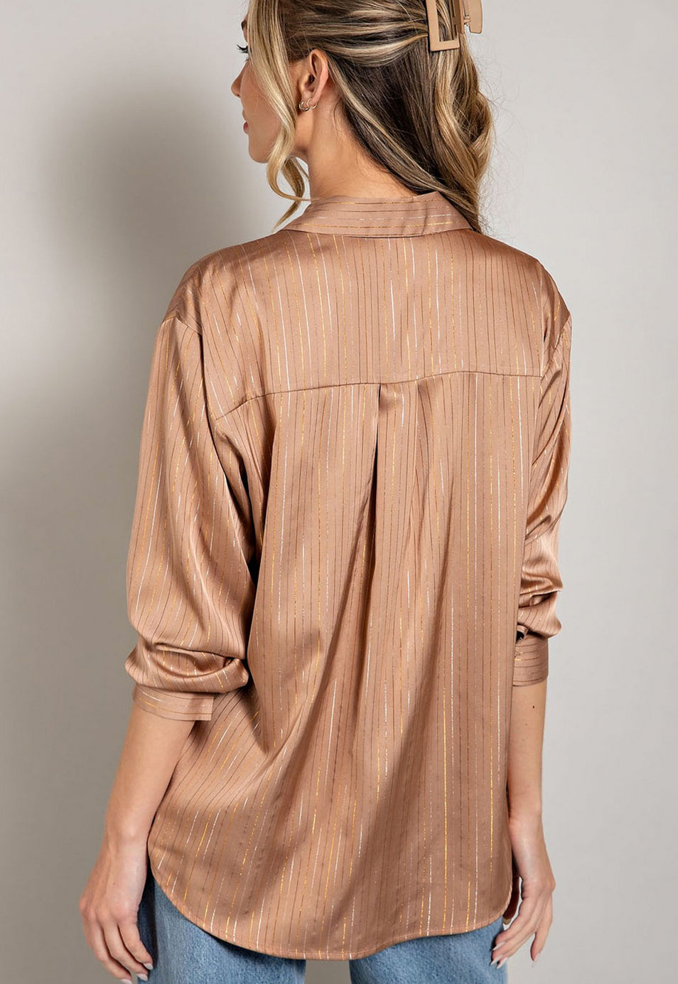 Gold Pinstripe Sateen Button Up