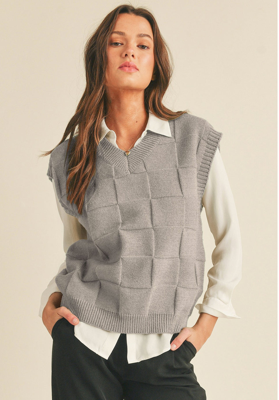 Jade Creek Boutique Blush Taupe Checkered Sweater Vest Small