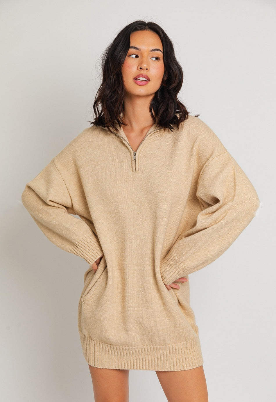 Cream Half Zip Tunic Sweater Dress - Main Image