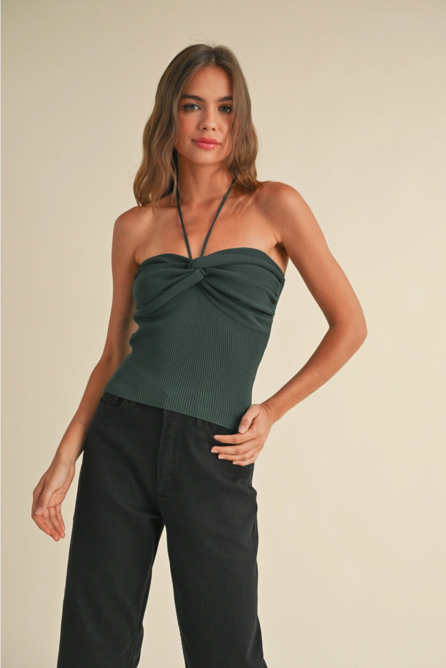 Hunter Green Twist Front Knit Top