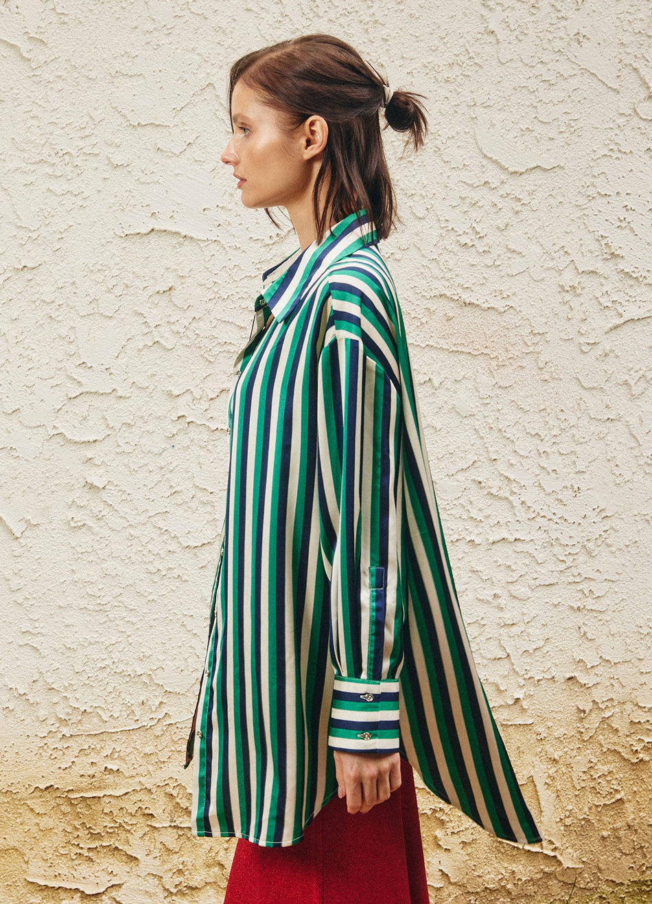 Green Navy Striped Button Up