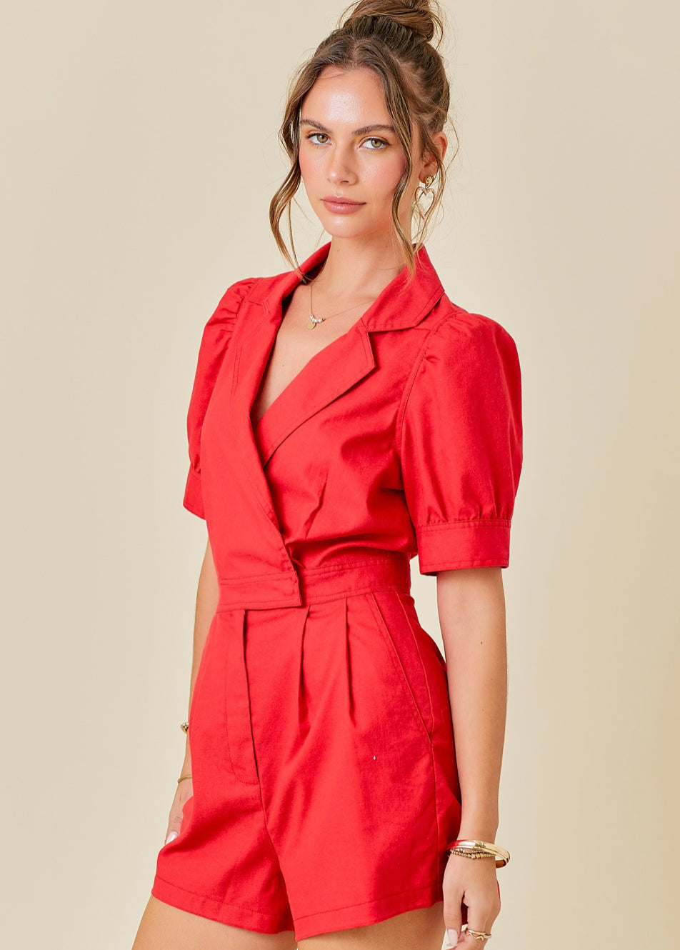 Red Soft Tencel Denim Romper