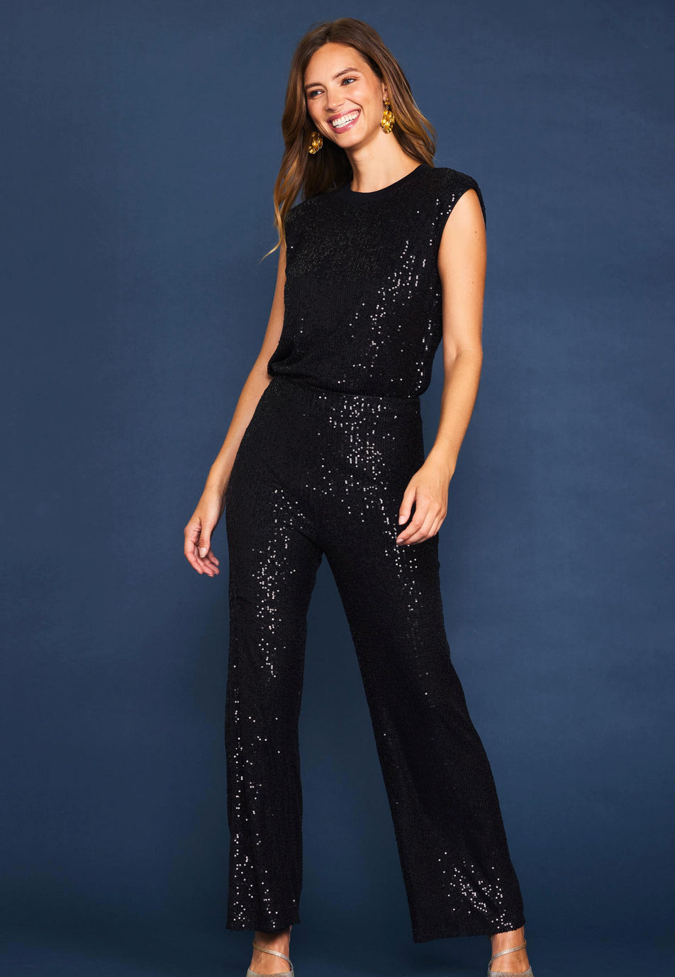 black sequin dress pants SEQUIN WIDE TROUSERS BLACK