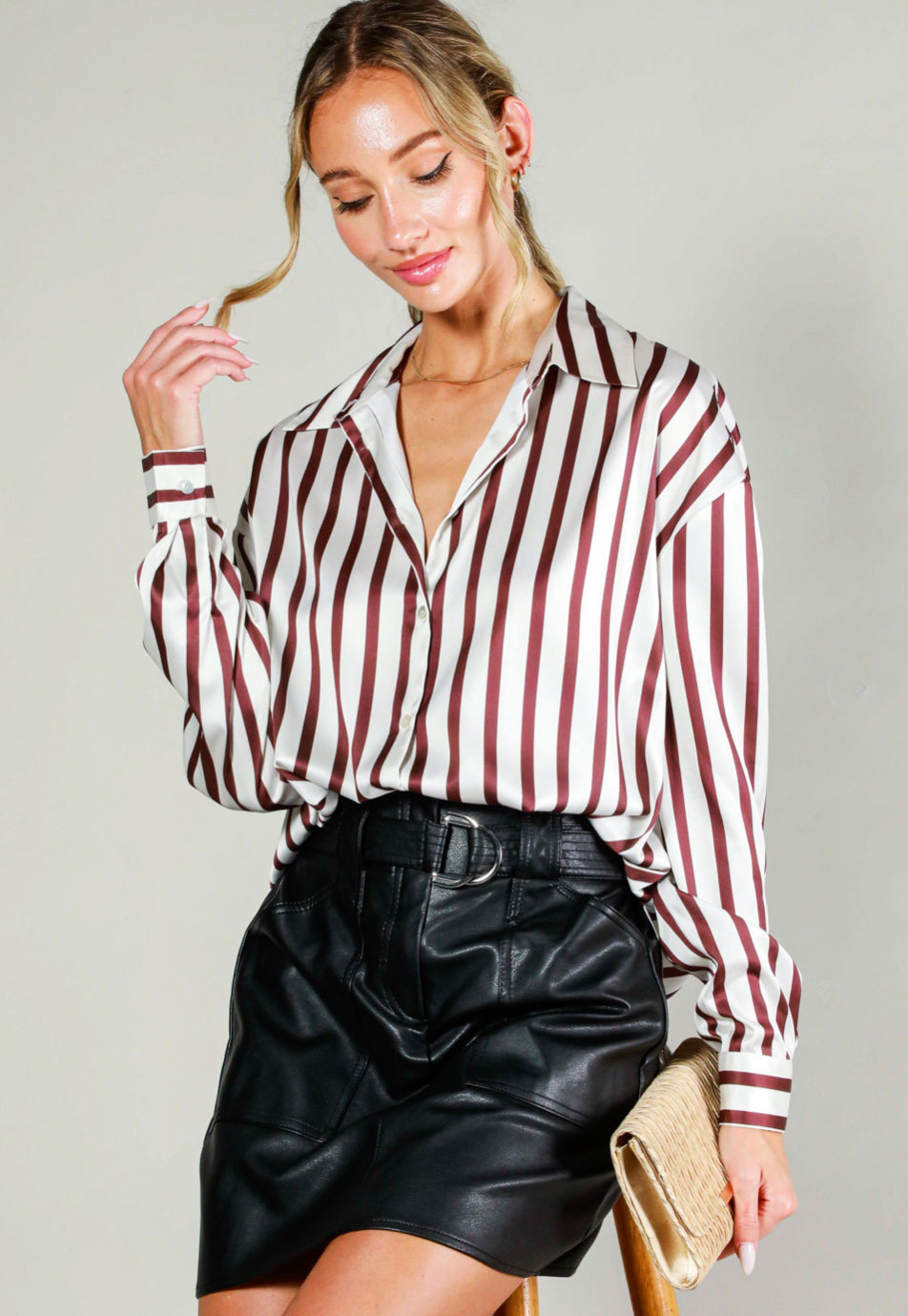 Neutral Striped Satin Button Up