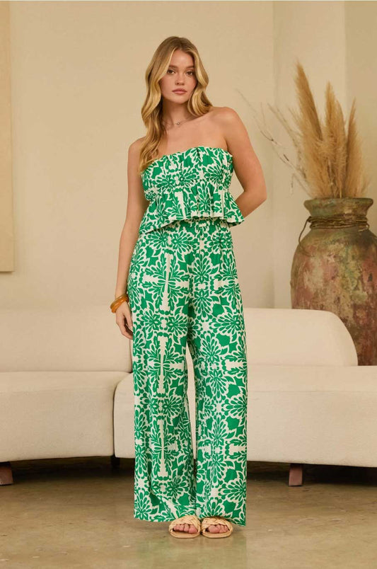 Printed Strapless Smocked Bodice Jumpsuit - Jade Creek Boutique