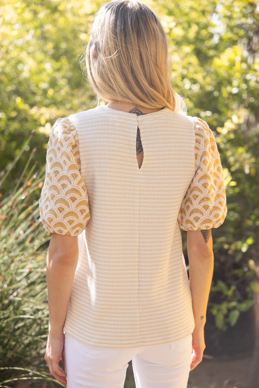 Embroidered Scallop Sleeve Striped Knit Top