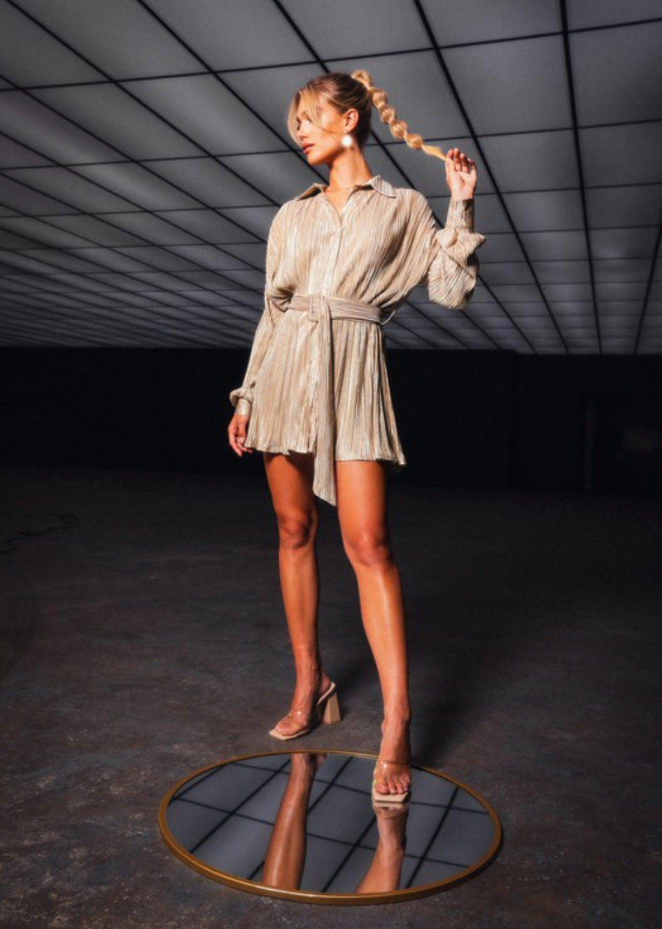 Gold Pleated Shirt Dress