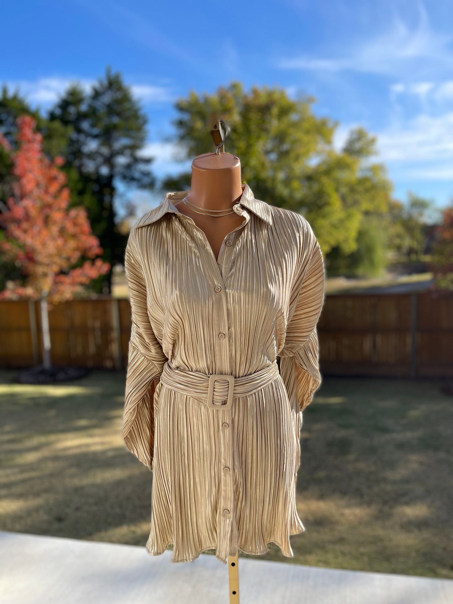 Gold Pleated Shirt Dress