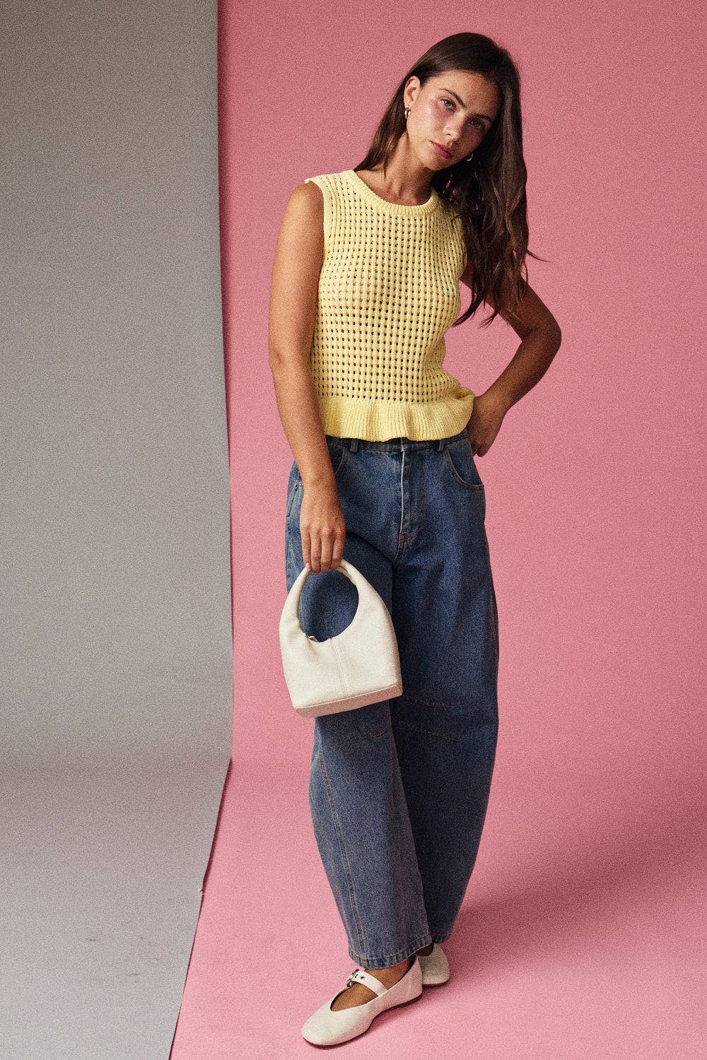 Butter Yellow Sleeveless Open Knit Peplum Top