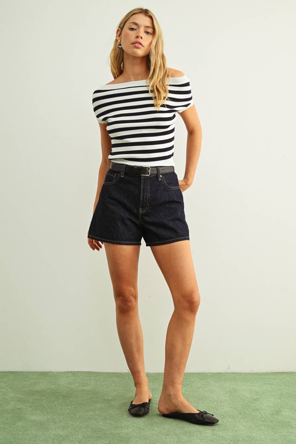 Cap Sleeve Boat Neck Stripe Top