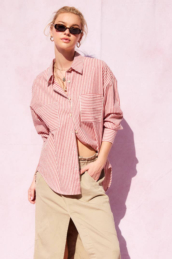 Crimson Cream Striped Button Up Top - Jade Creek Boutique