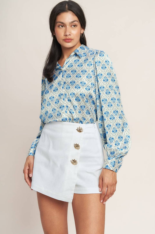 White Denim Skort Sunburst Button Detail