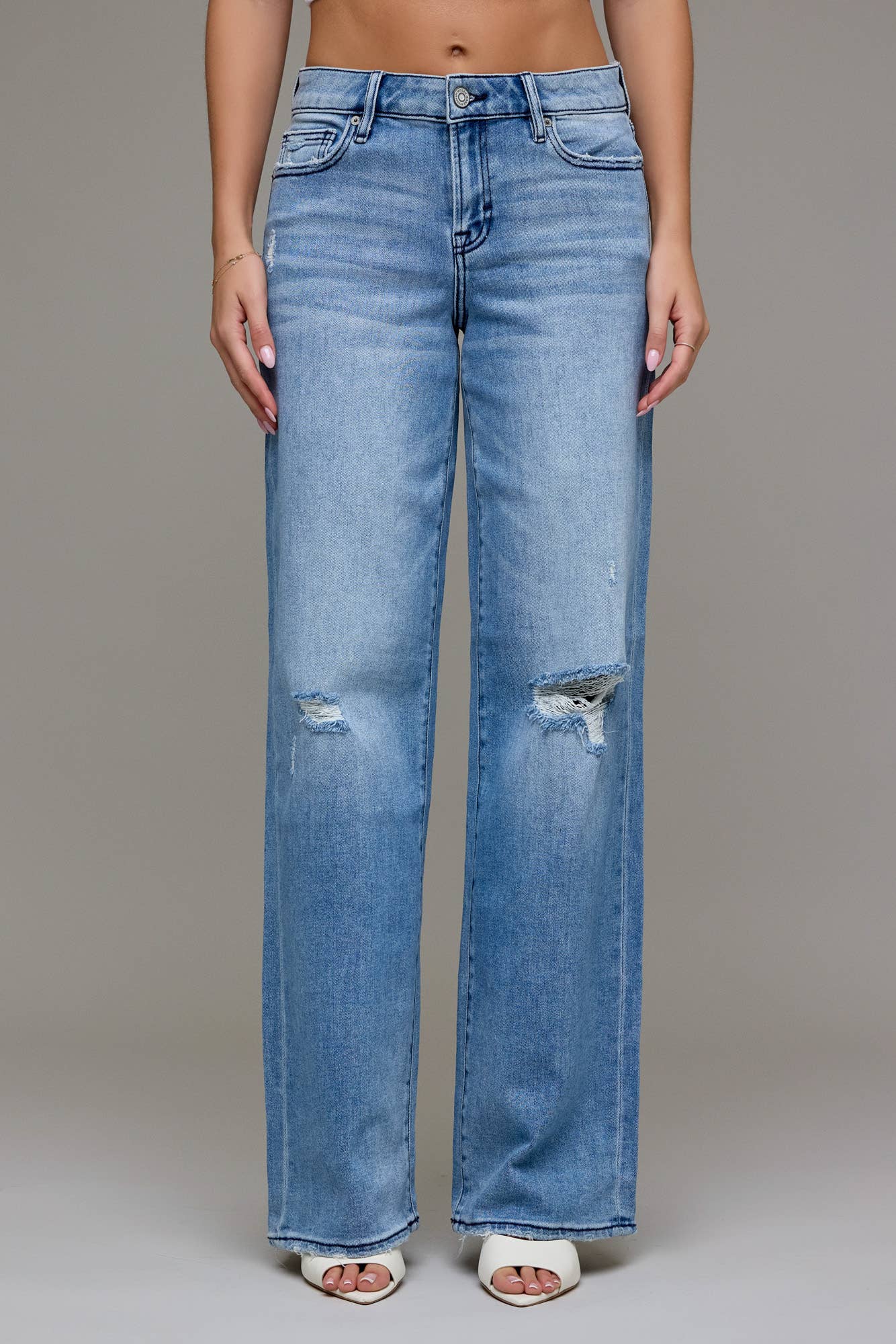 Medium Wash Mid Rise Distressed 33" Inseam Dad Jean - Jade Creek Boutique