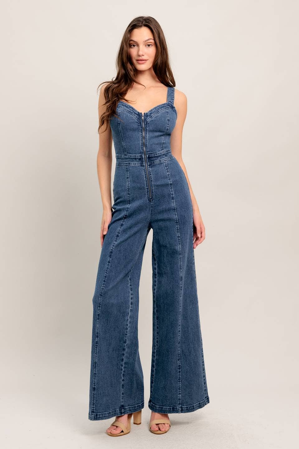 Retro Sweetheart Neckline Dark Wash Denim Jumpsuit