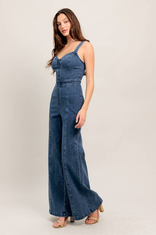 Retro Sweetheart Neckline Dark Wash Denim Jumpsuit