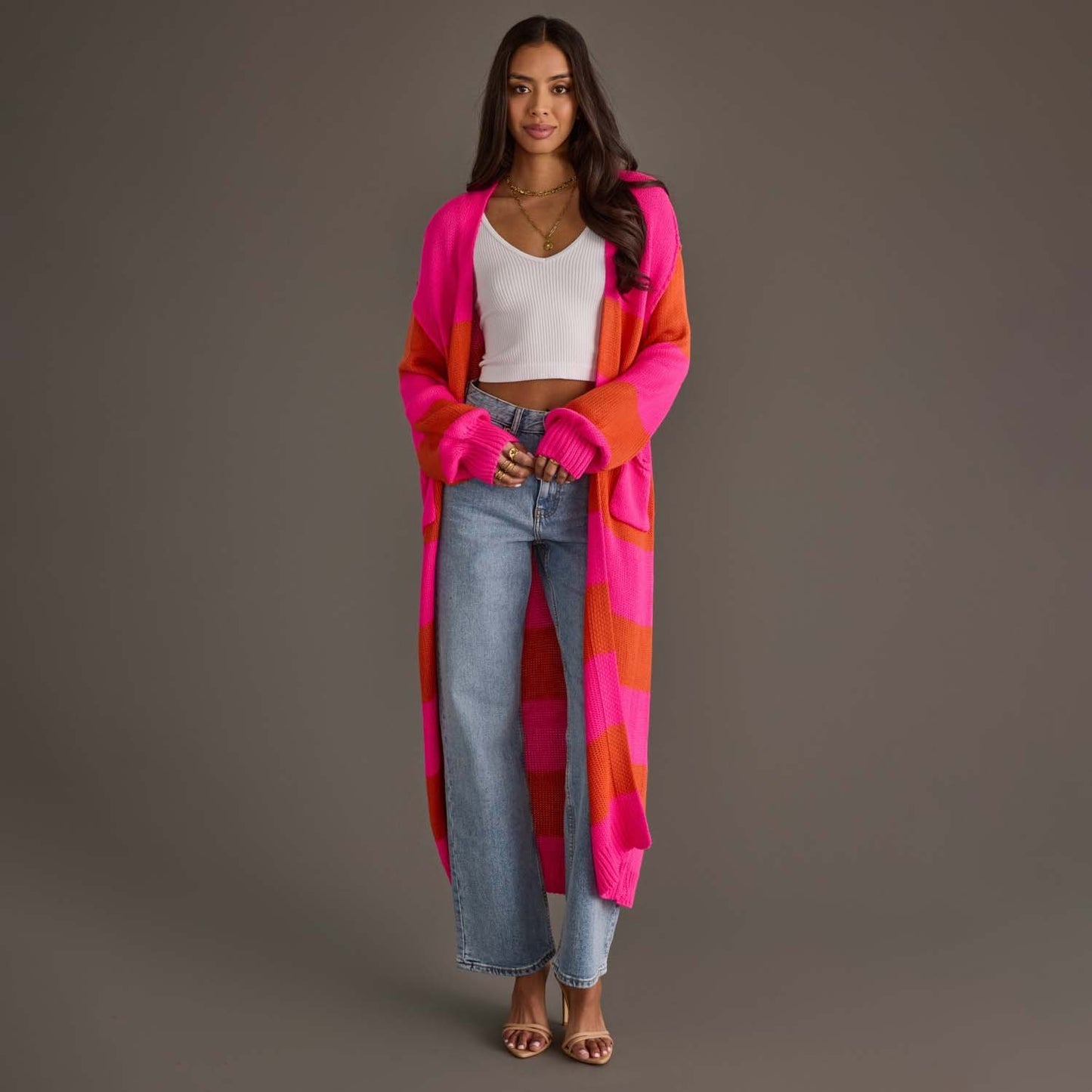 Bright Pink & Orange Striped Duster Cardigan