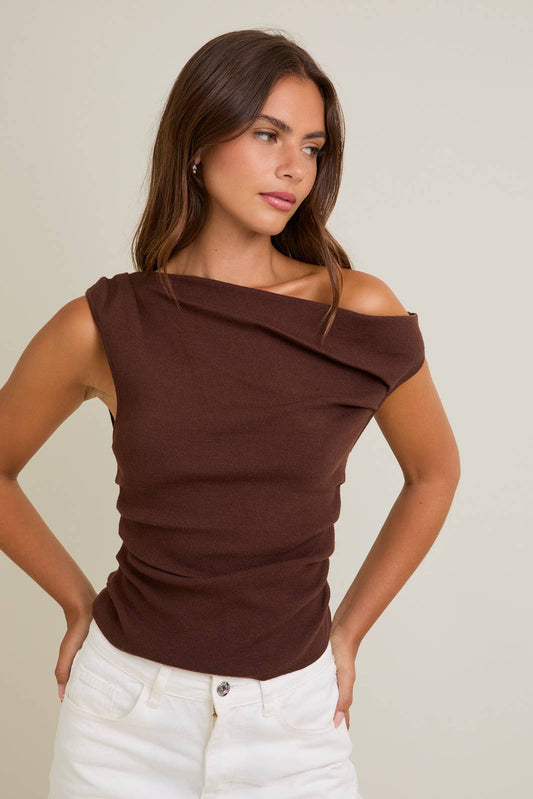 Chocolate Asymmetric Neck Knit Top