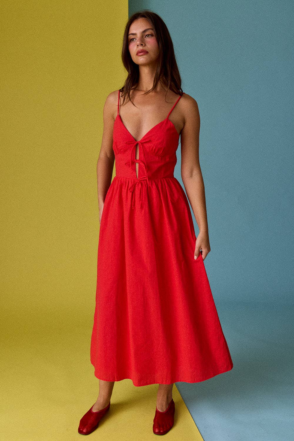 Red Tie Front Midi Cami Dress - Jade Creek Boutique