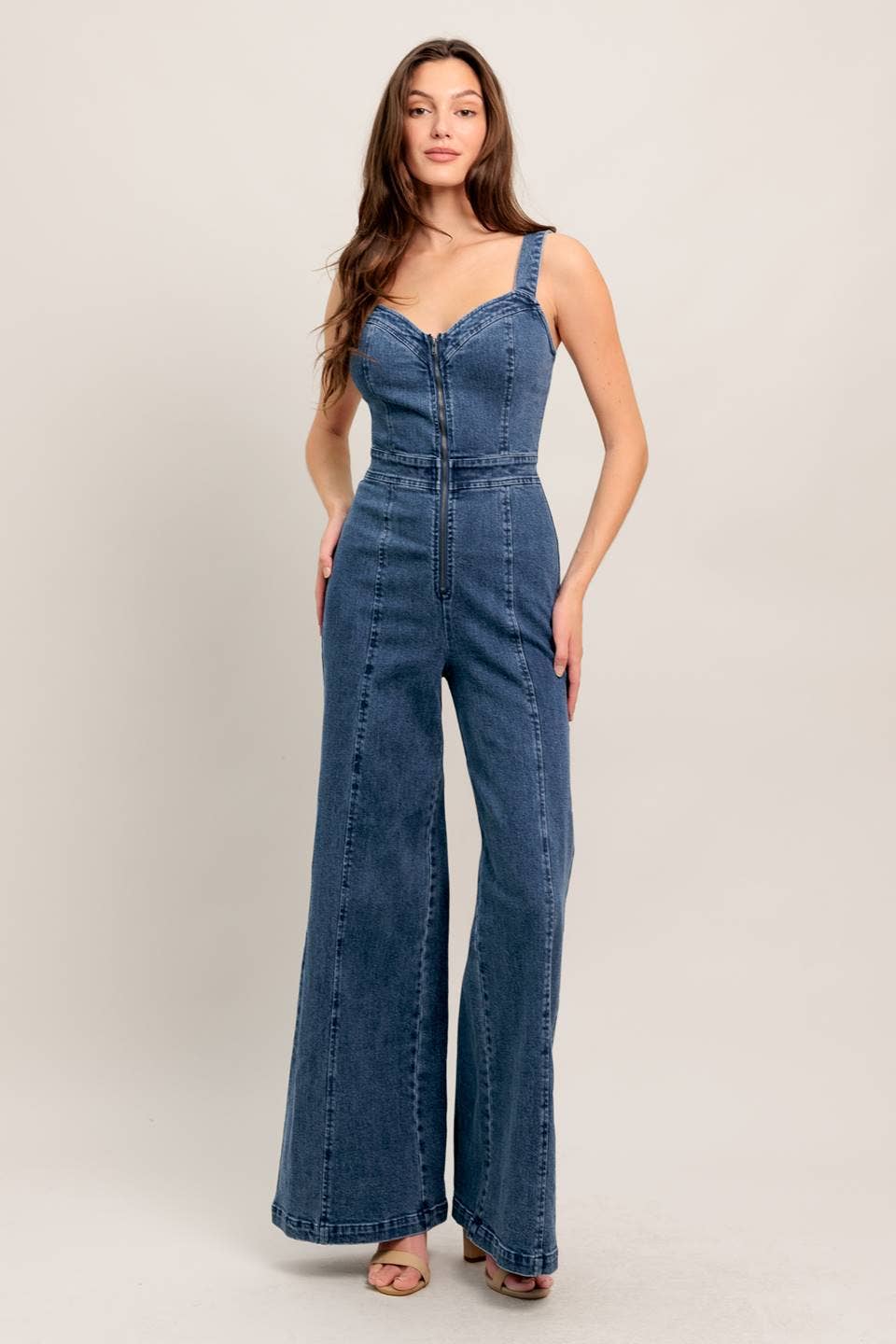 Retro Sweetheart Neckline Dark Wash Denim Jumpsuit