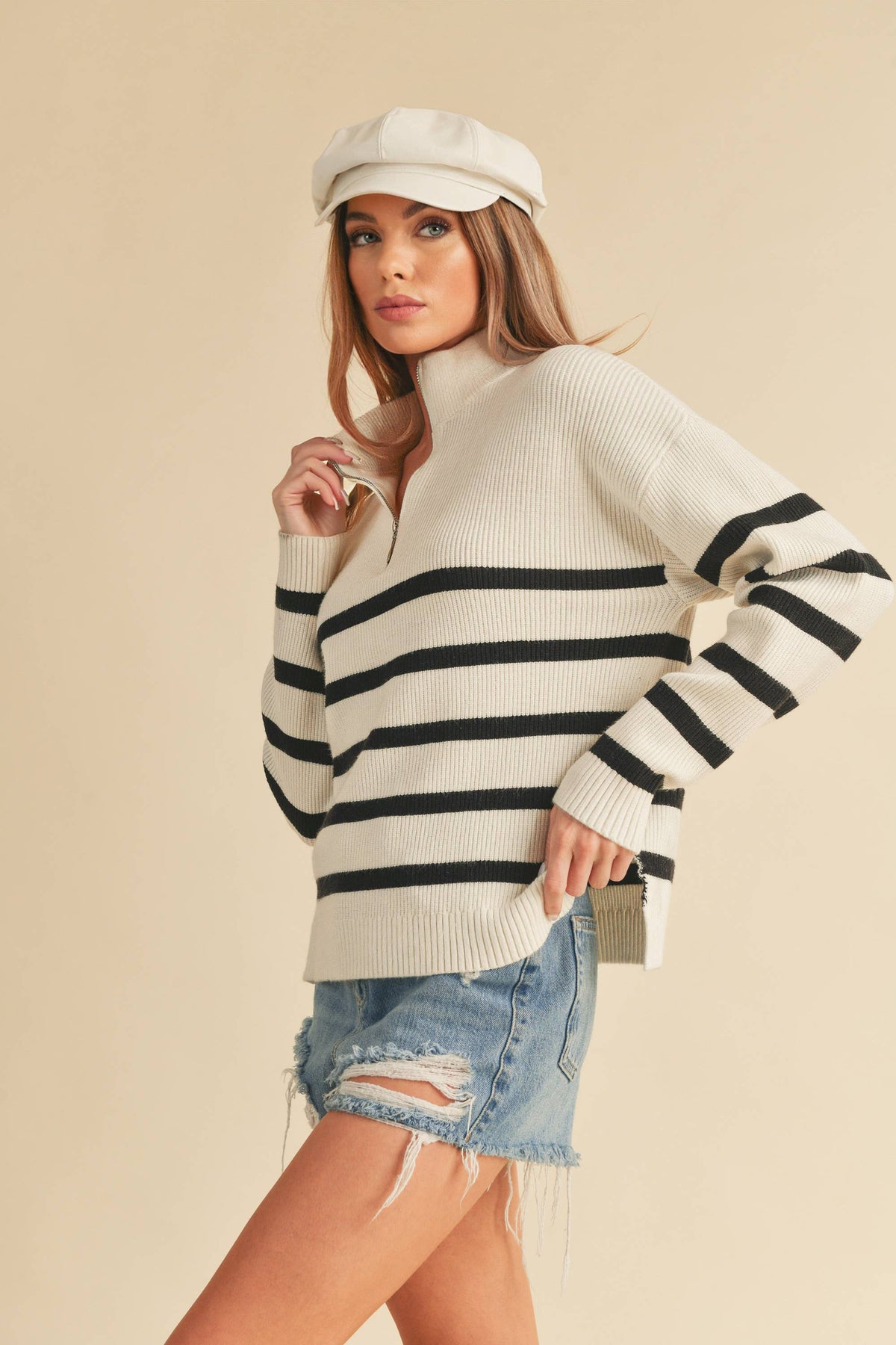 Striped Rib Knit 1/4 Zip Pullover