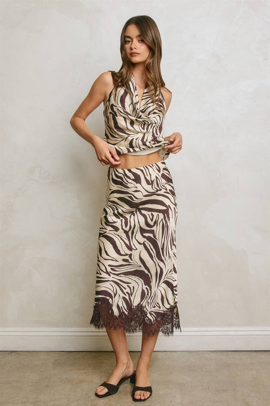 Brown Zebra Lace Hem Midi Skirt