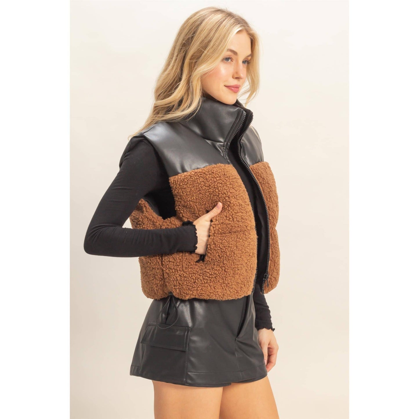 Sherpa Faux Leather Puffer Vest