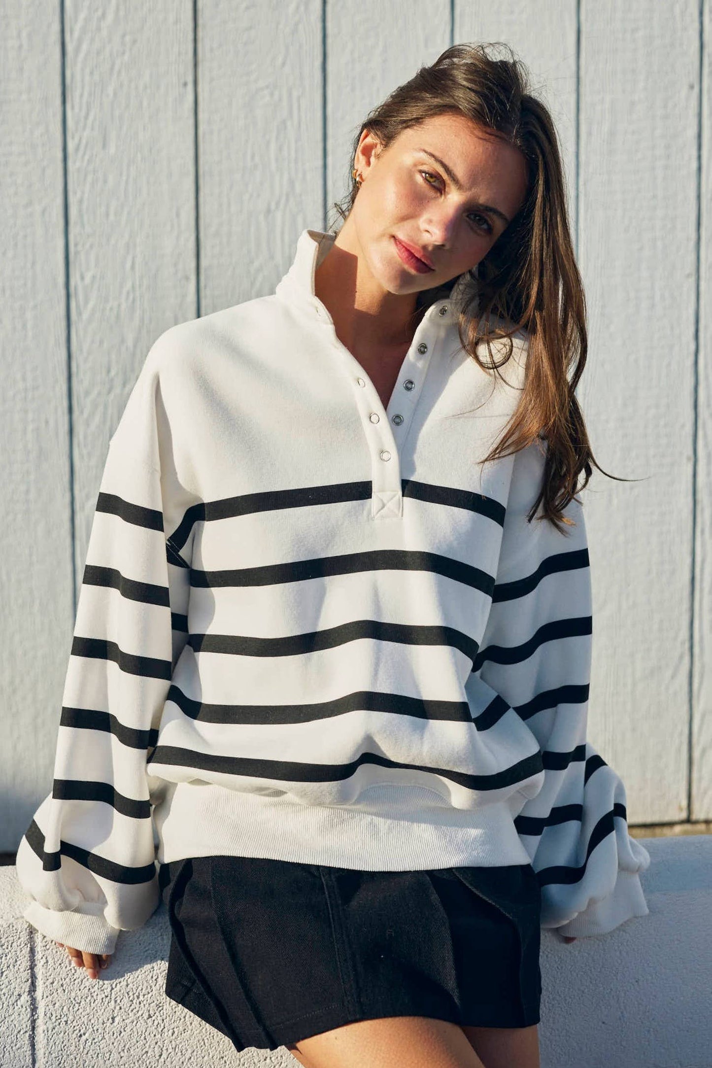 Snap Button Striped Pullover