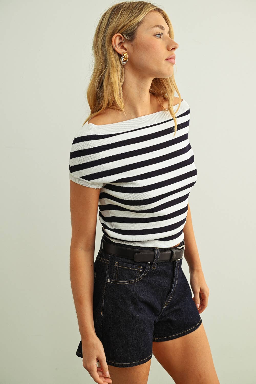 Cap Sleeve Boat Neck Stripe Top