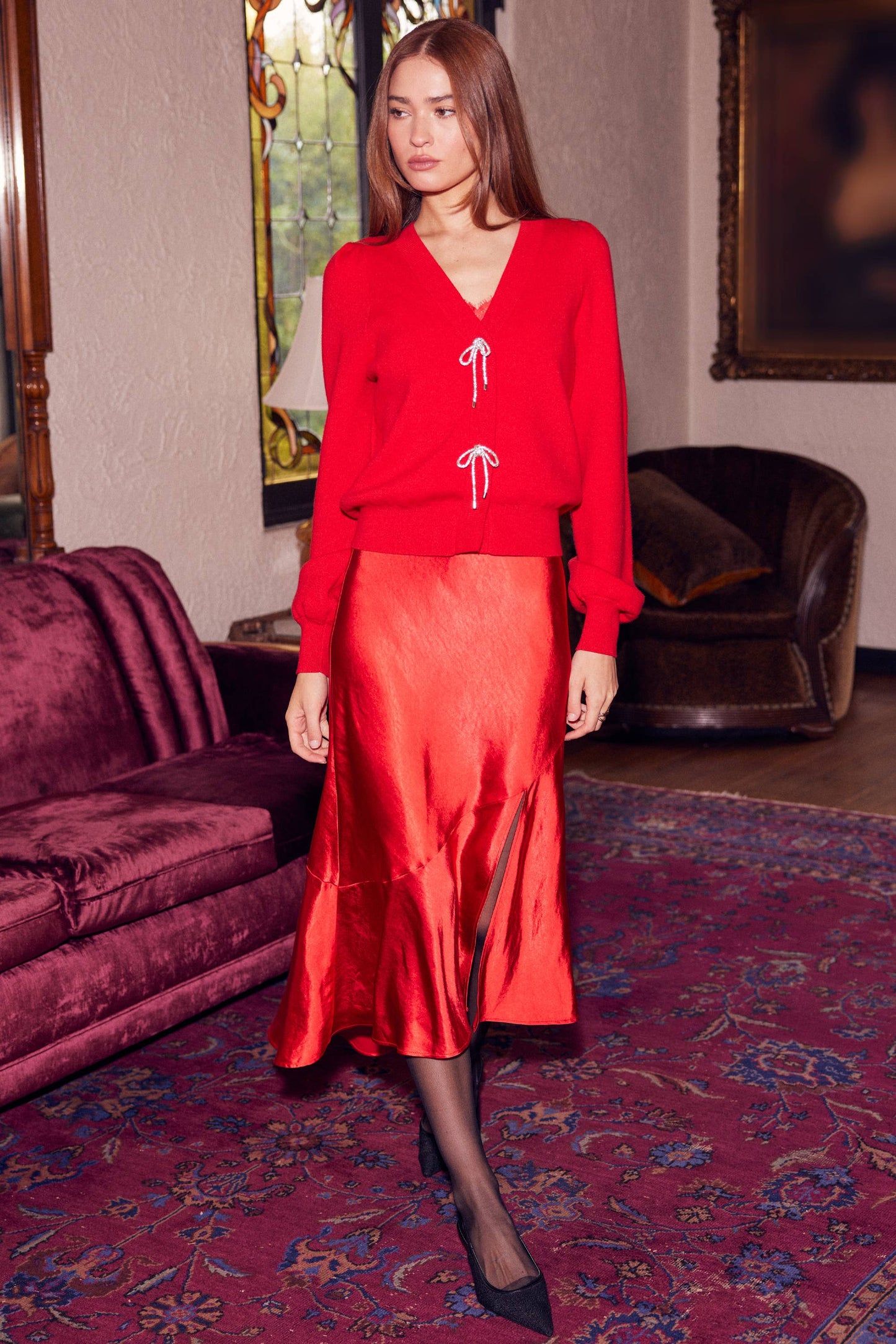 Red Dazzle Bow Detail Cardigan