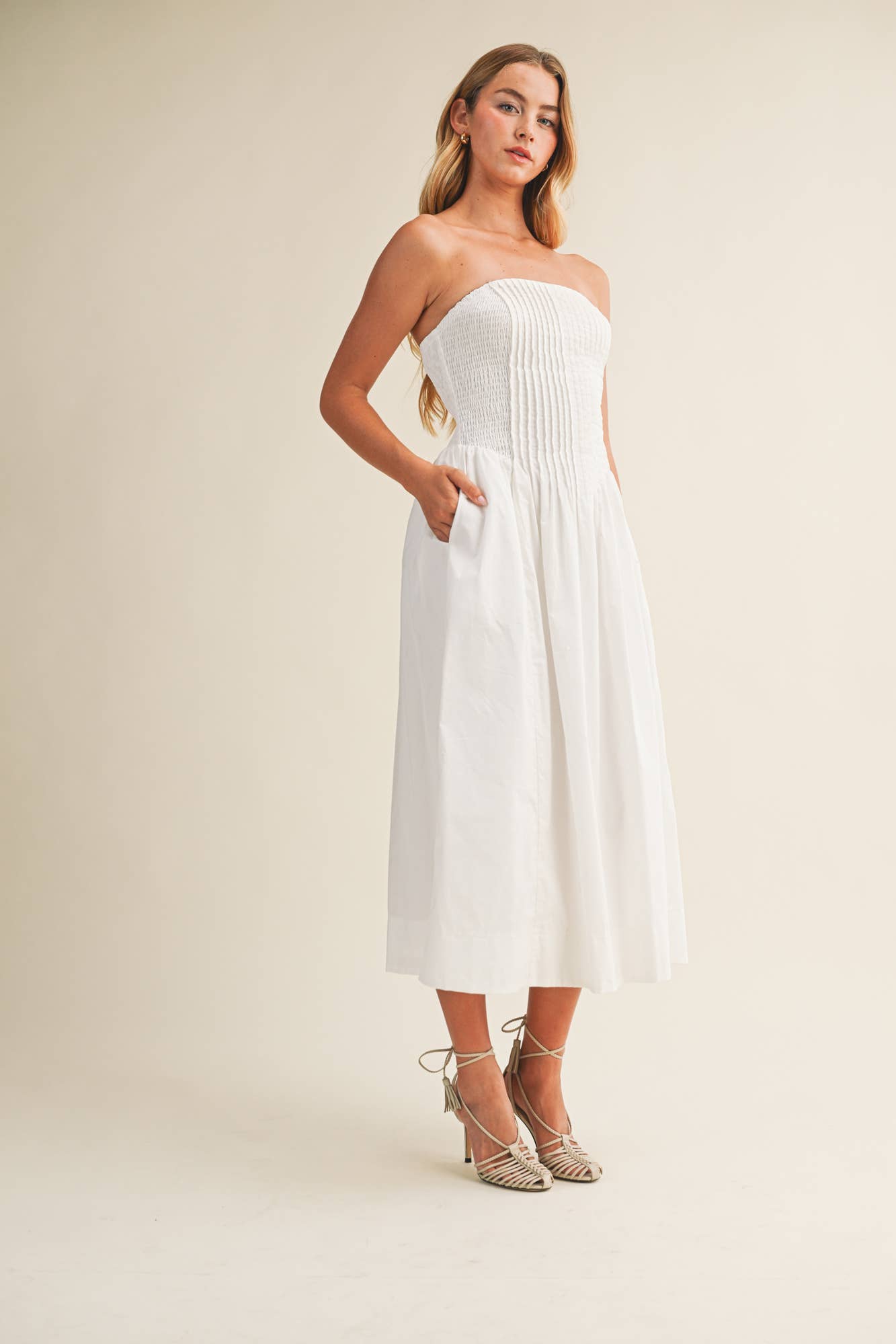 PINTUCK&SMOCKED BODICE STRAPLESS DRESS - Jade Creek Boutique