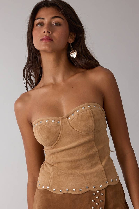 Suede Studded Scallop Strapless Top