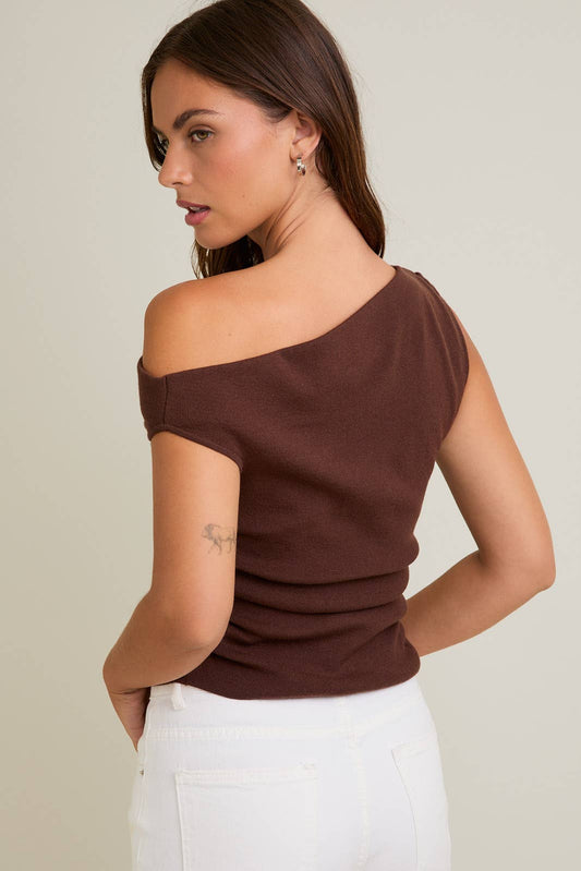Chocolate Asymmetric Neck Knit Top