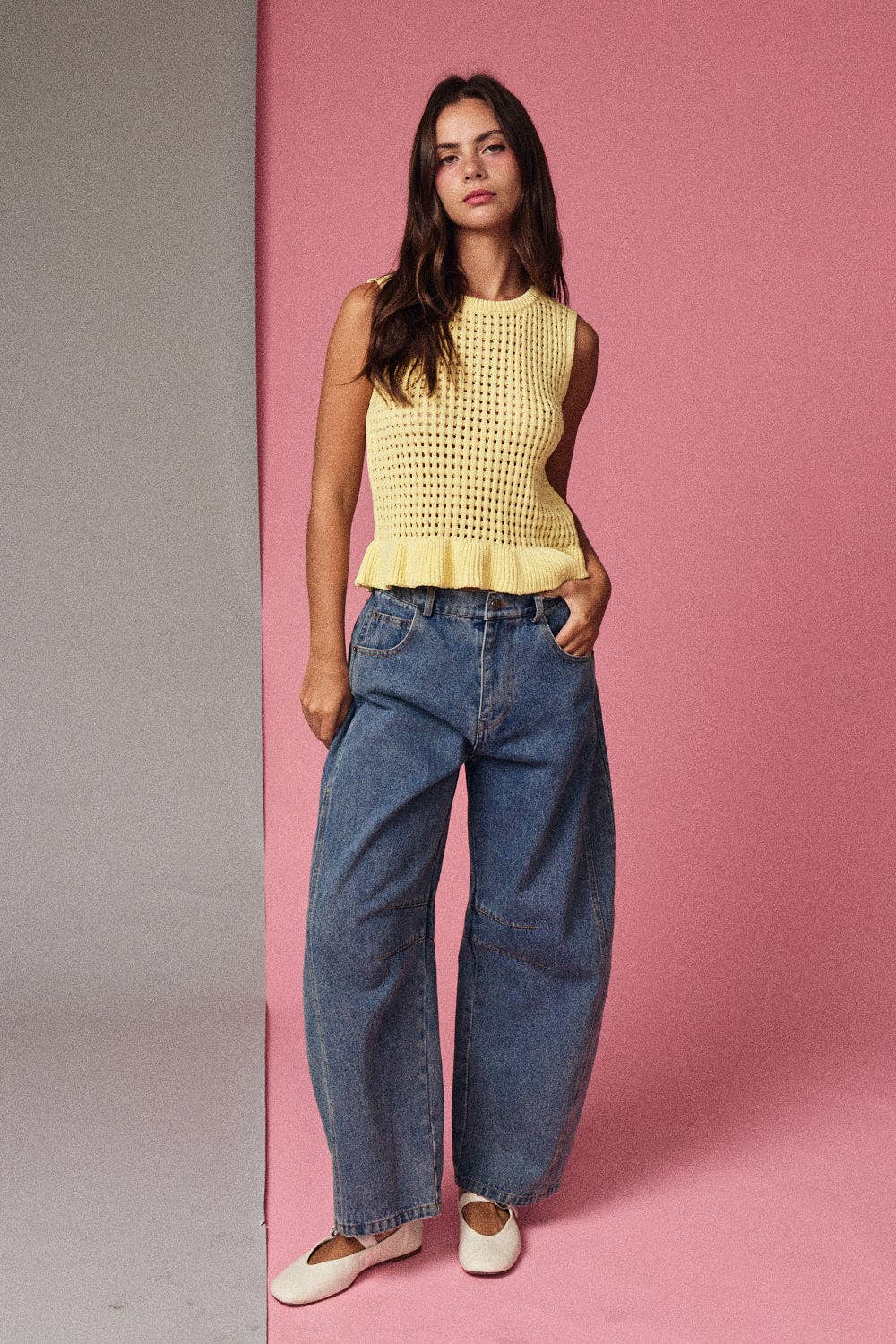 Butter Yellow Sleeveless Open Knit Peplum Top