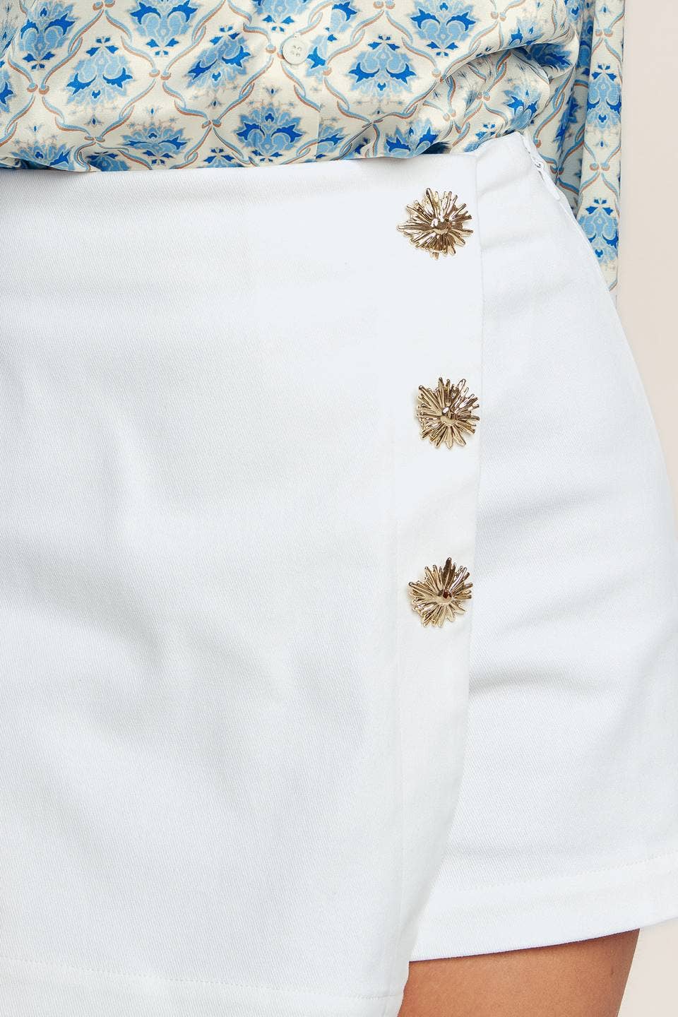 White Denim Skort Sunburst Button Detail