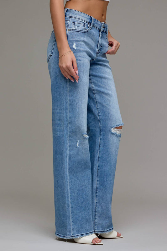 Medium Wash Mid Rise Distressed 33" Inseam Dad Jean - Jade Creek Boutique