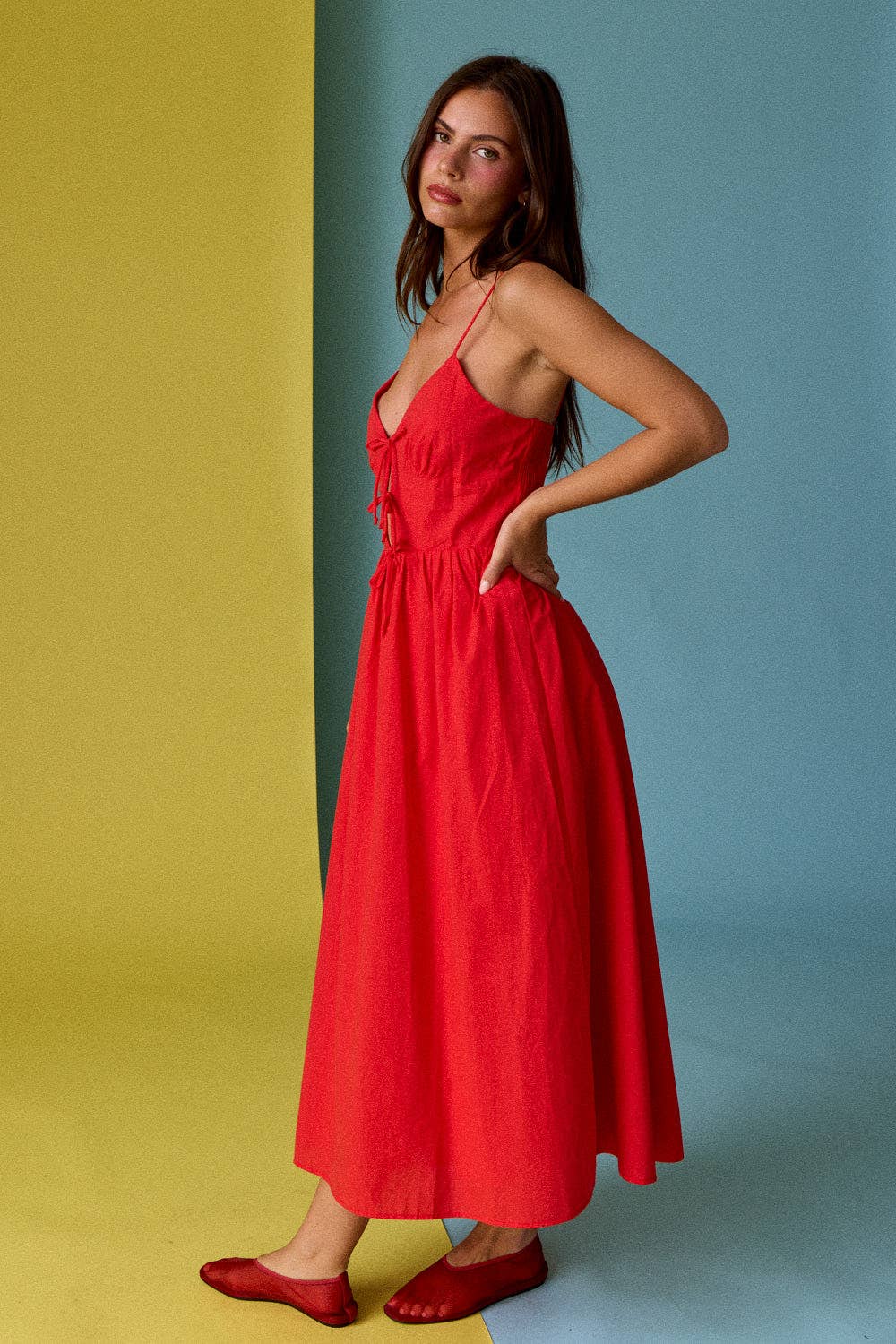 Red Tie Front Midi Cami Dress - Jade Creek Boutique
