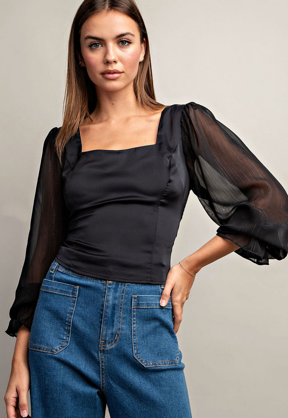 Black Sheer Sleeve Smocked Top