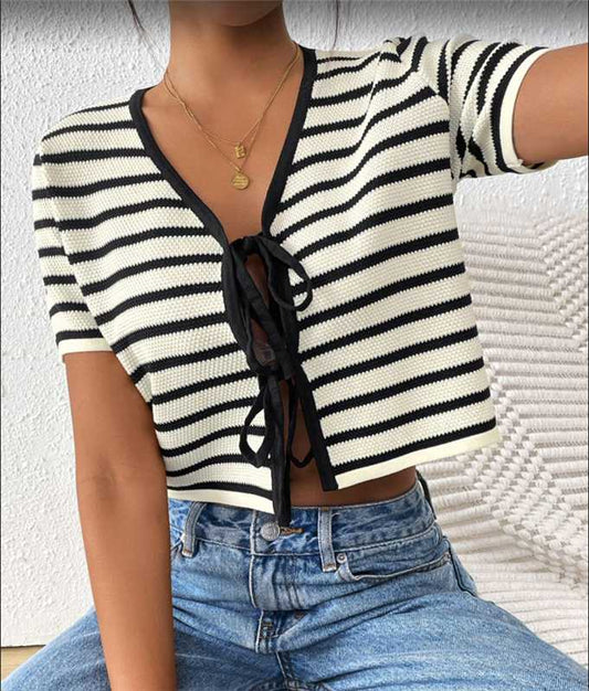 Striped Cropped Knit Top with Tie Front