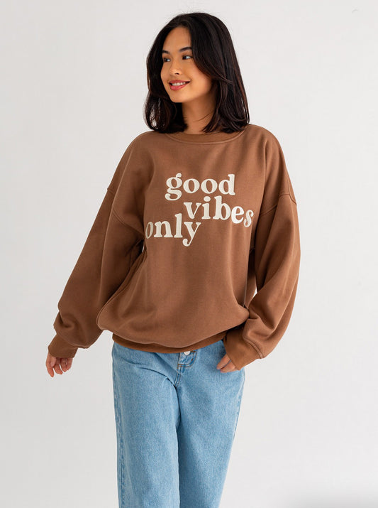 Brown GOOD VIBES Embroidered Pullover