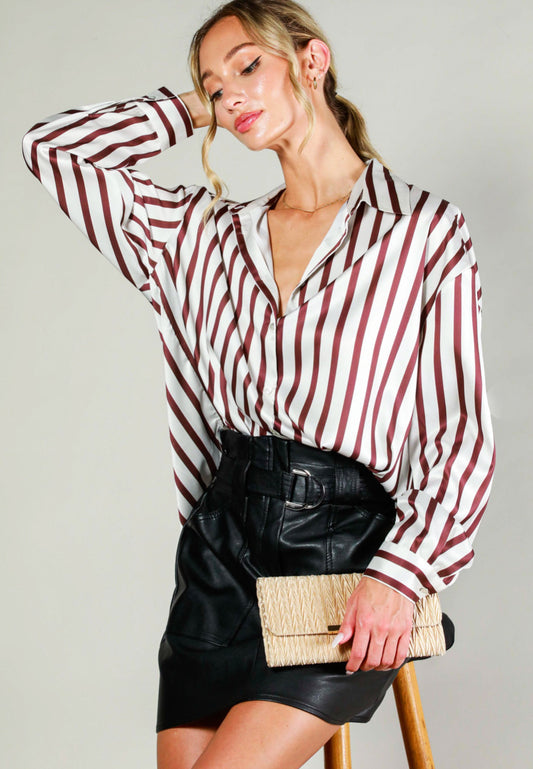 Neutral Striped Satin Button Up