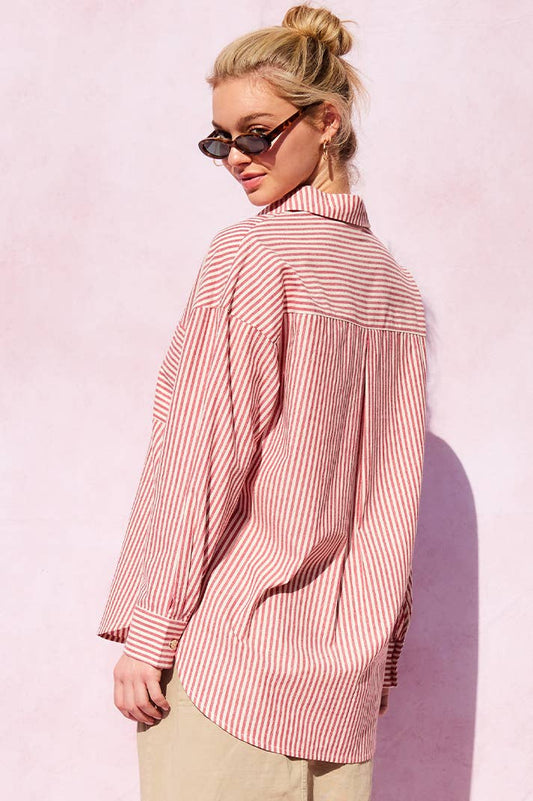Crimson Cream Striped Button Up Top - Jade Creek Boutique
