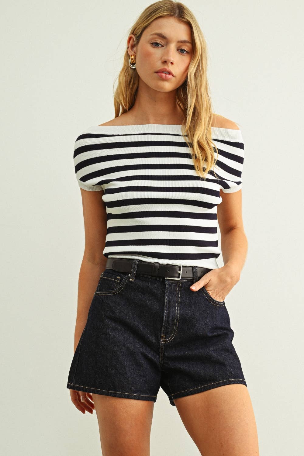 Cap Sleeve Boat Neck Stripe Top