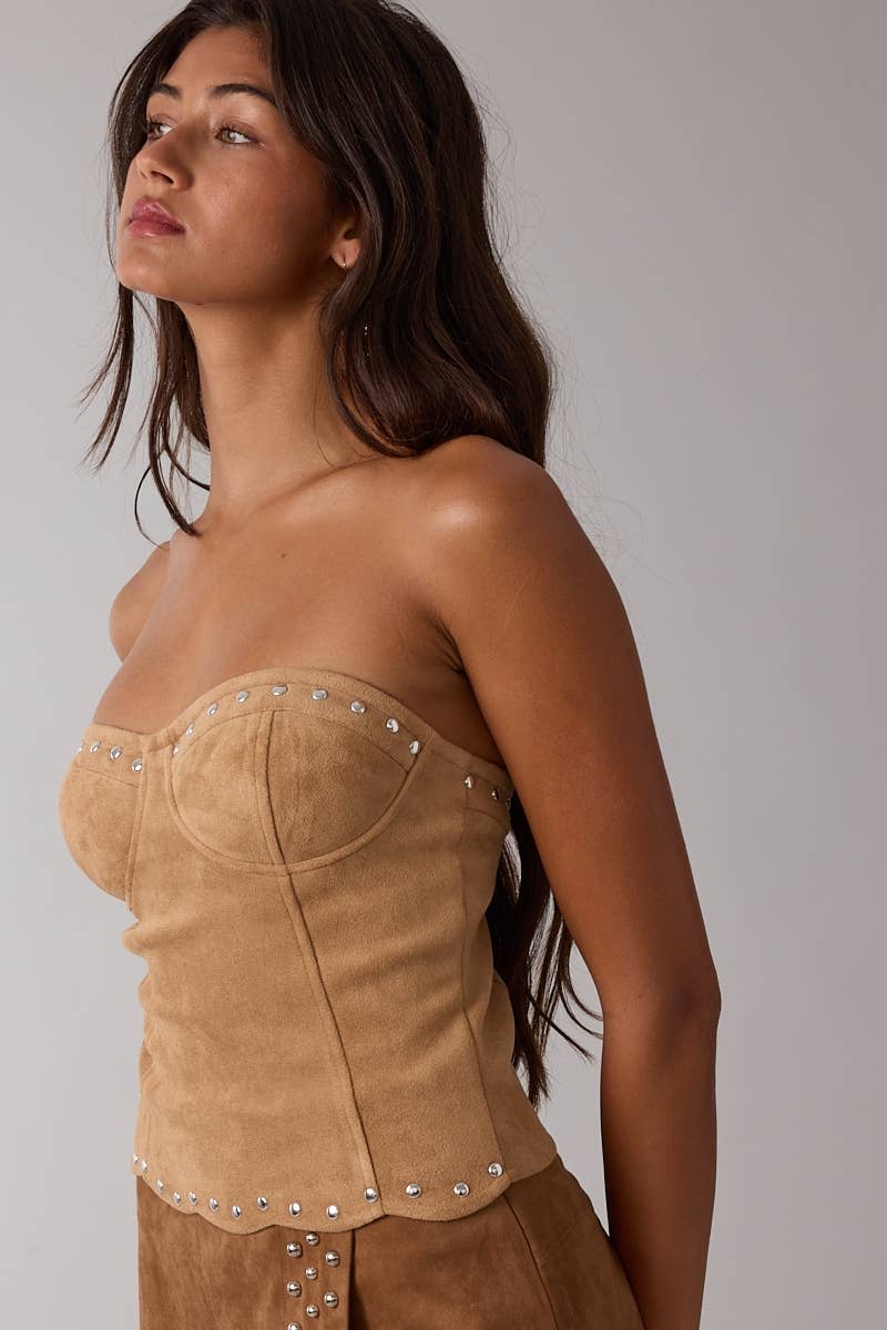 Suede Studded Scallop Strapless Top